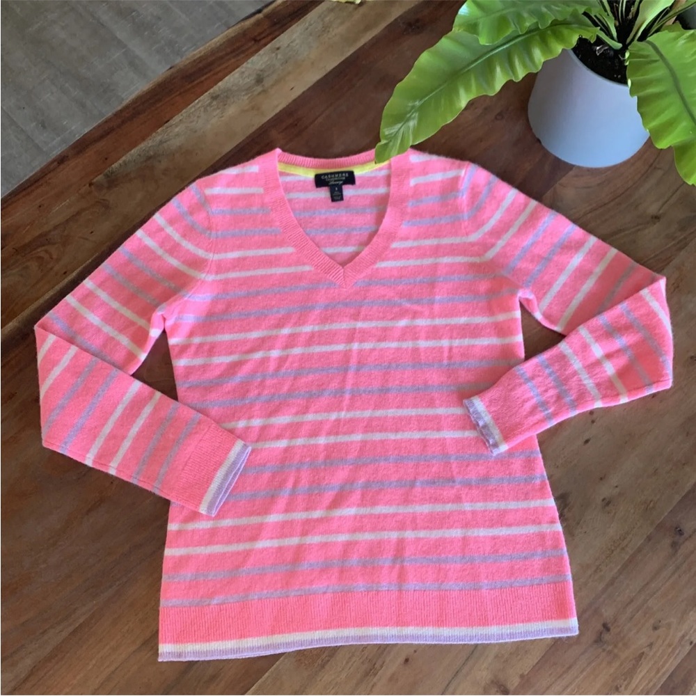Charter Club Pink and Gray Striped V-Neck Sweater